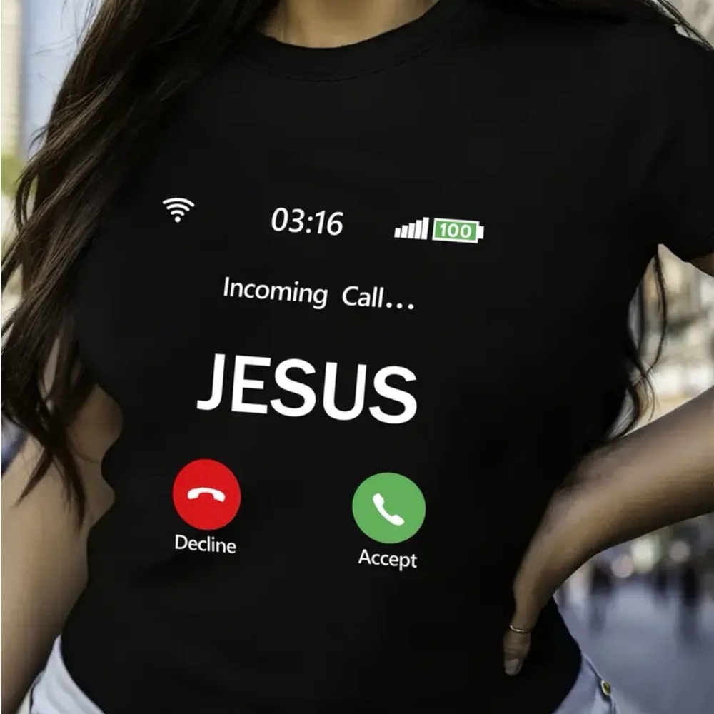 “Incoming Call: JESUS” Graphic T-Shirt – Faith-Inspired Design (Size: L & XXL)